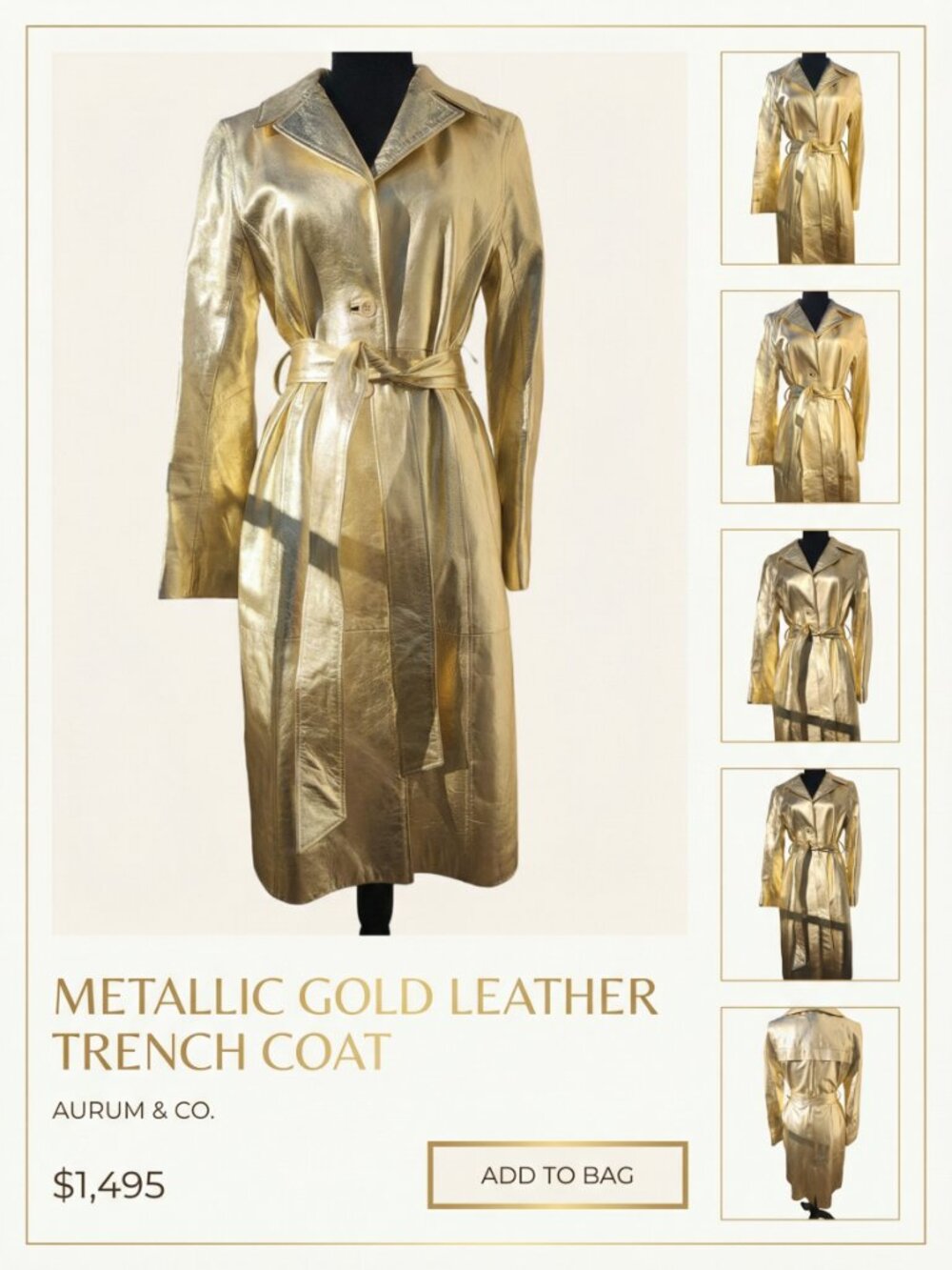 ⭐Luxury Designer Stylish Gold Real Genuine Leather Glamorous Jacket Coat Trench - Picture 2 of 2